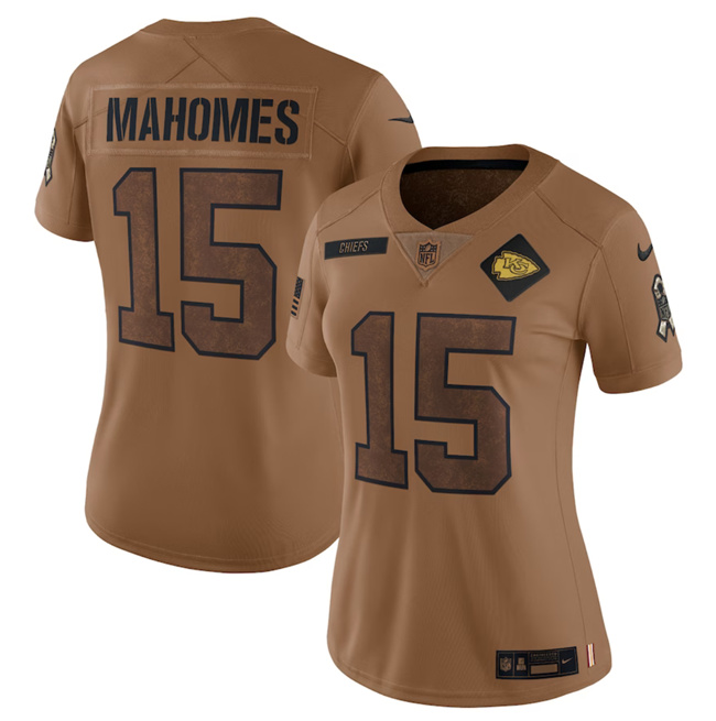 Women's Kansas City Chiefs #15 Patrick Mahomes 2023 Brown Salute To Service Limited Football Stitched Jersey(Run Small)